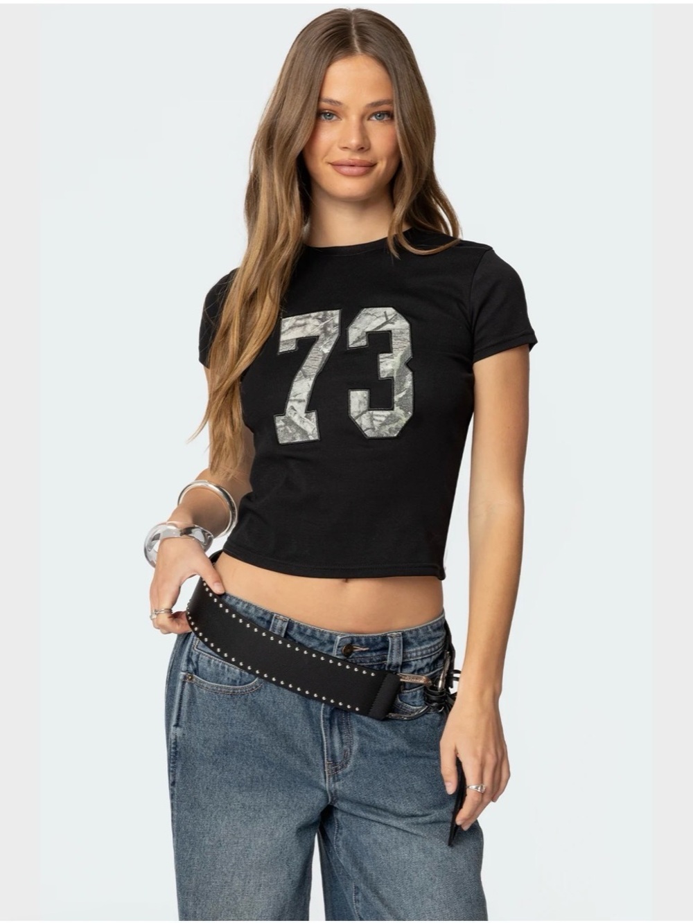 Edikted Graphic Crop Tee with '73' Print -camo, sz XL, nwt